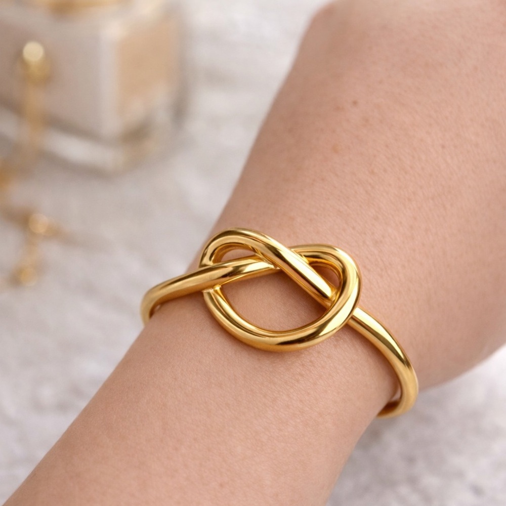Gold Knot Cuff Bracelet – Stainless Steel, Semi-Adjustable